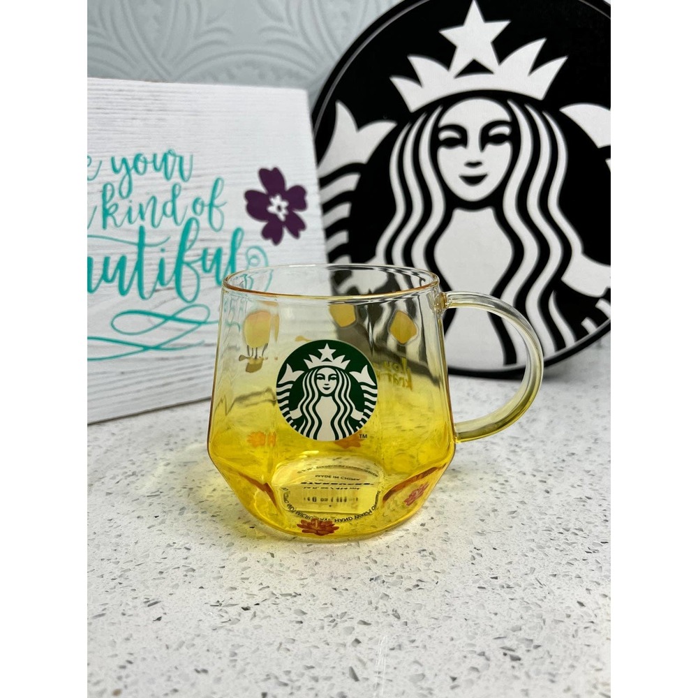 Starbucks Thailand Exclusive Yellow Loy Krathong w/Cats Glass Mug, 12oz